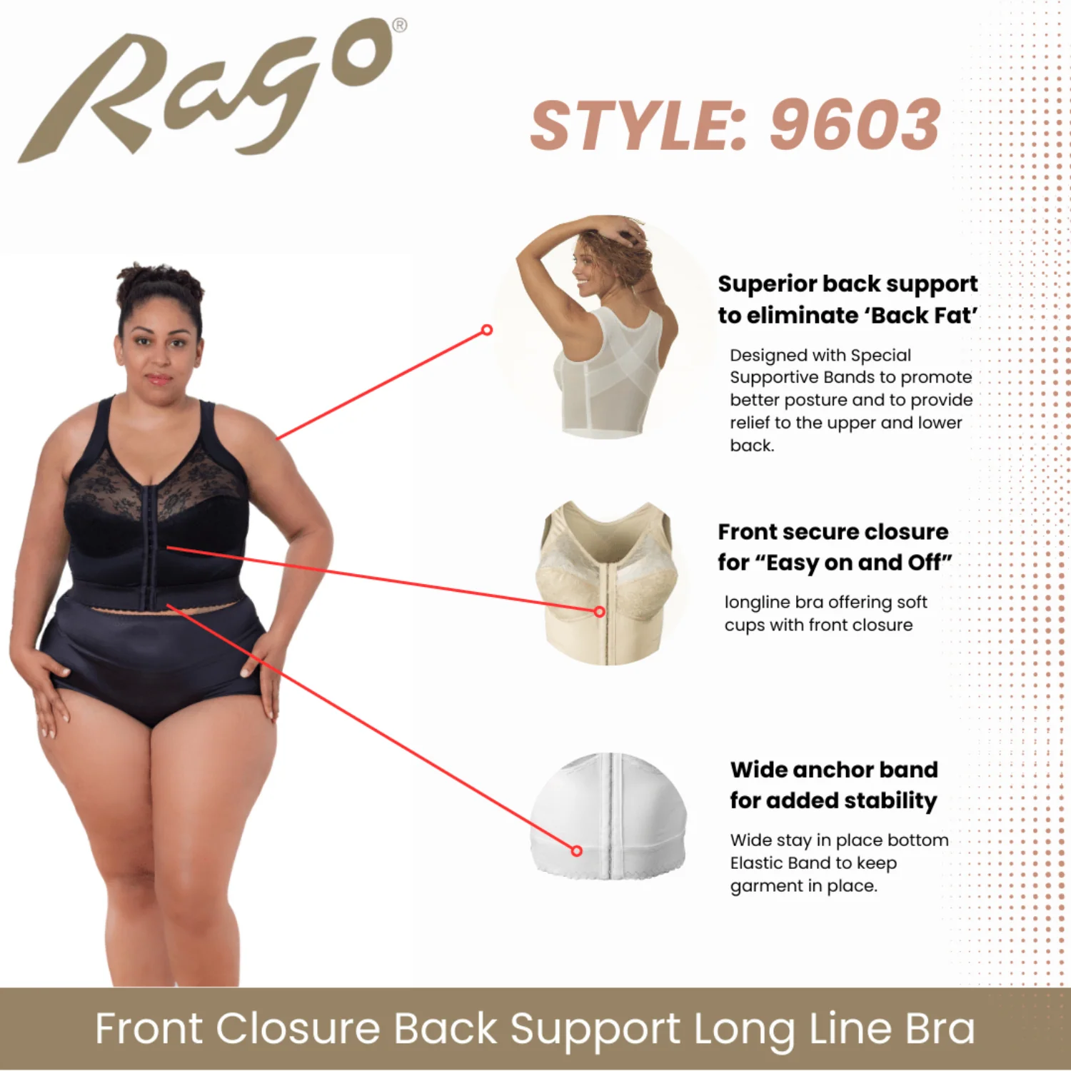 Style 9603 | Front Closure Back Support Long Line Bra - Black - Image 5
