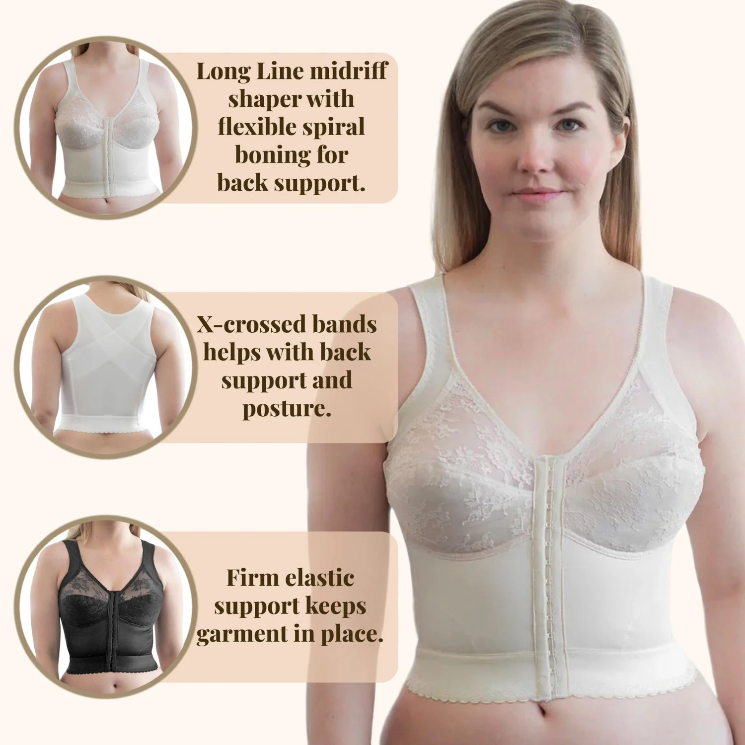 Style 9603 | Front Closure Back Support Long Line Bra - Blush - Image 3