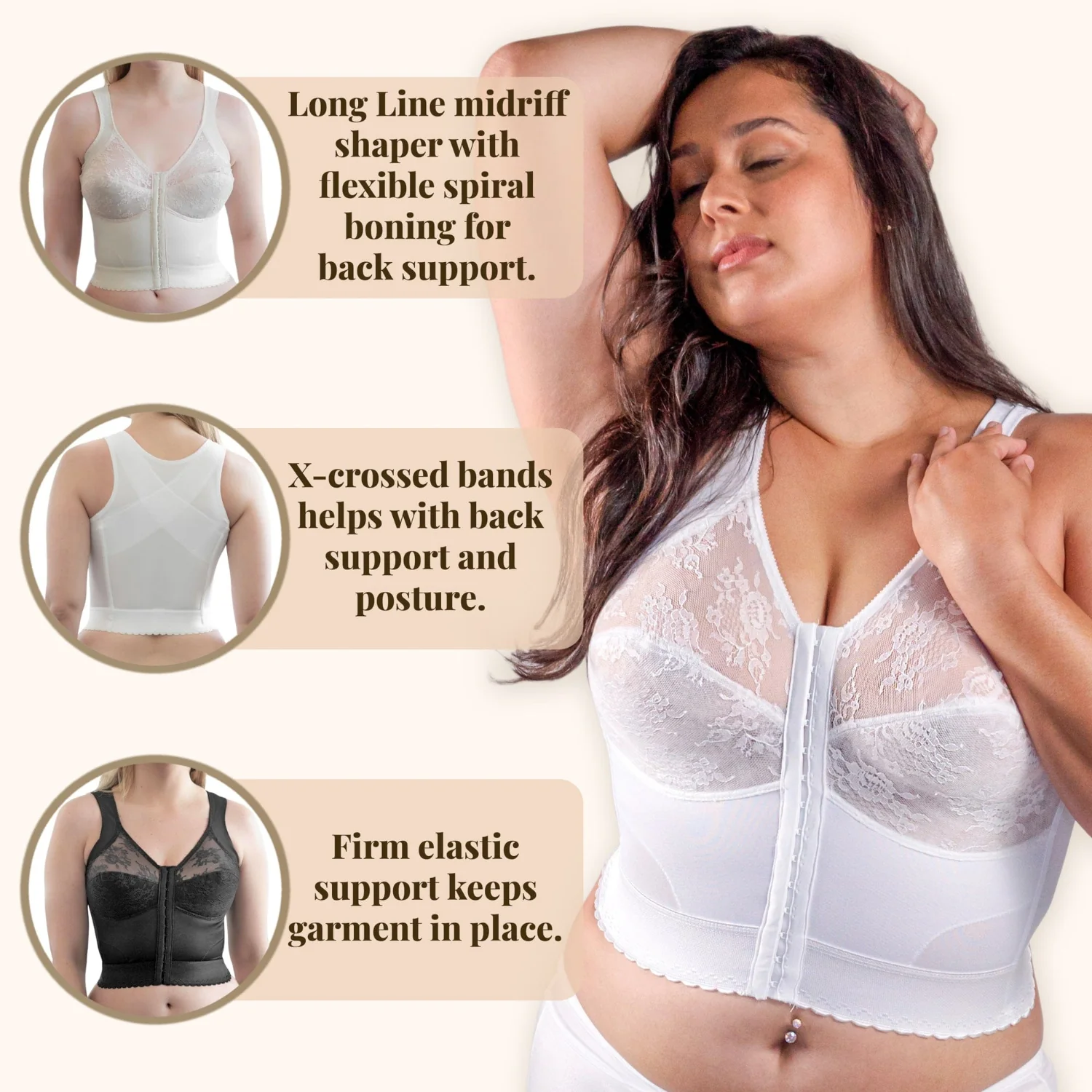 Style 9603 | Front Closure Back Support Long Line Bra - White - Image 5