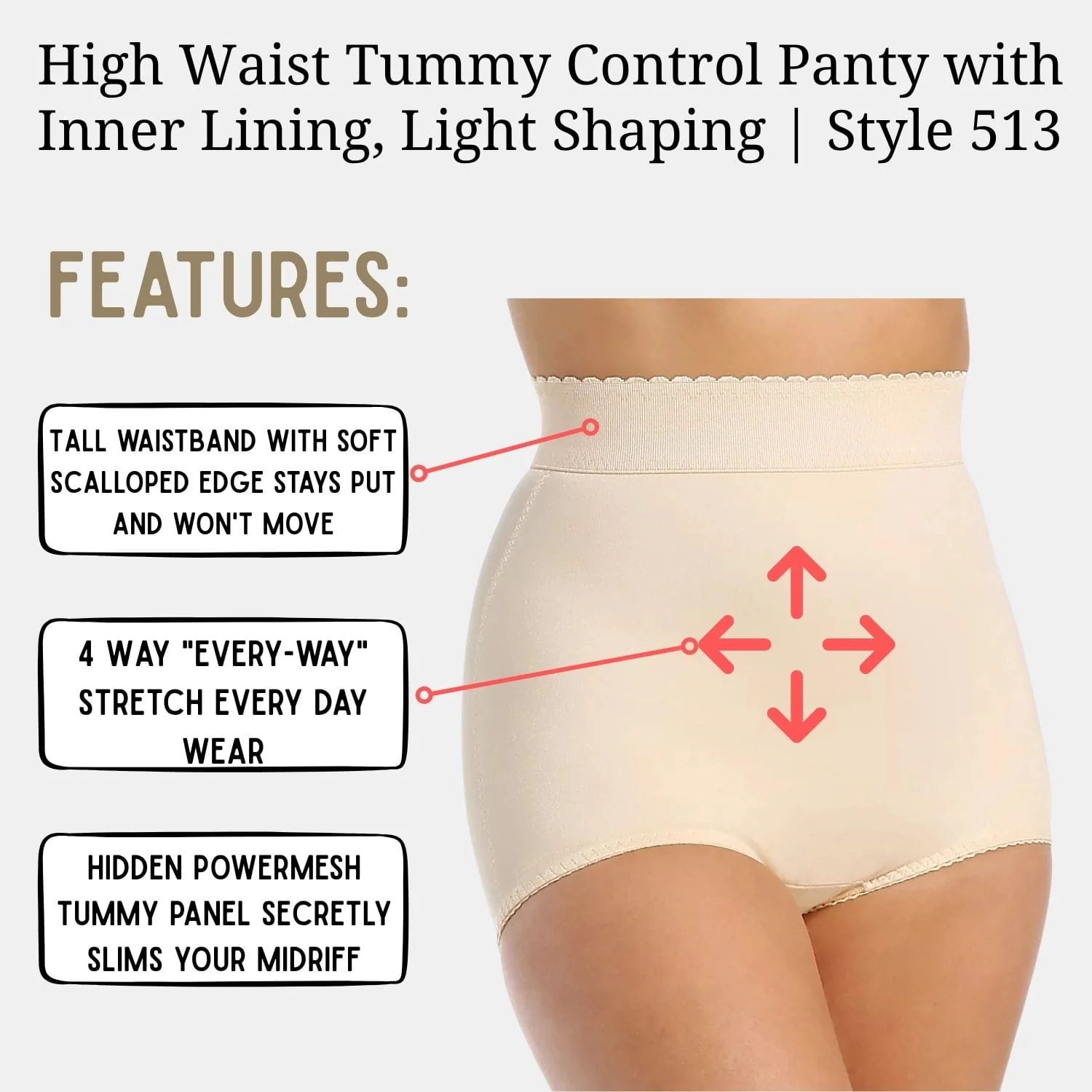 High Waist Tummy Control Panty with Inner Lining, Light Shaping | Style 513 - Image 10