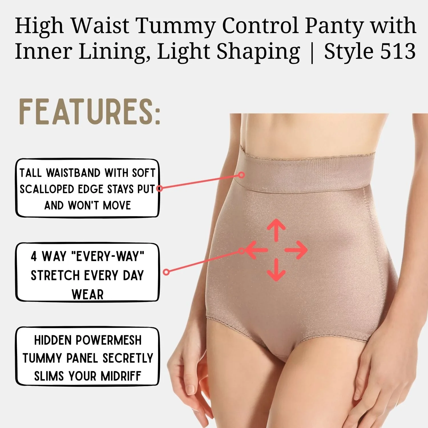 High Waist Tummy Control Panty with Inner Lining, Light Shaping | Style 513 - Image 3