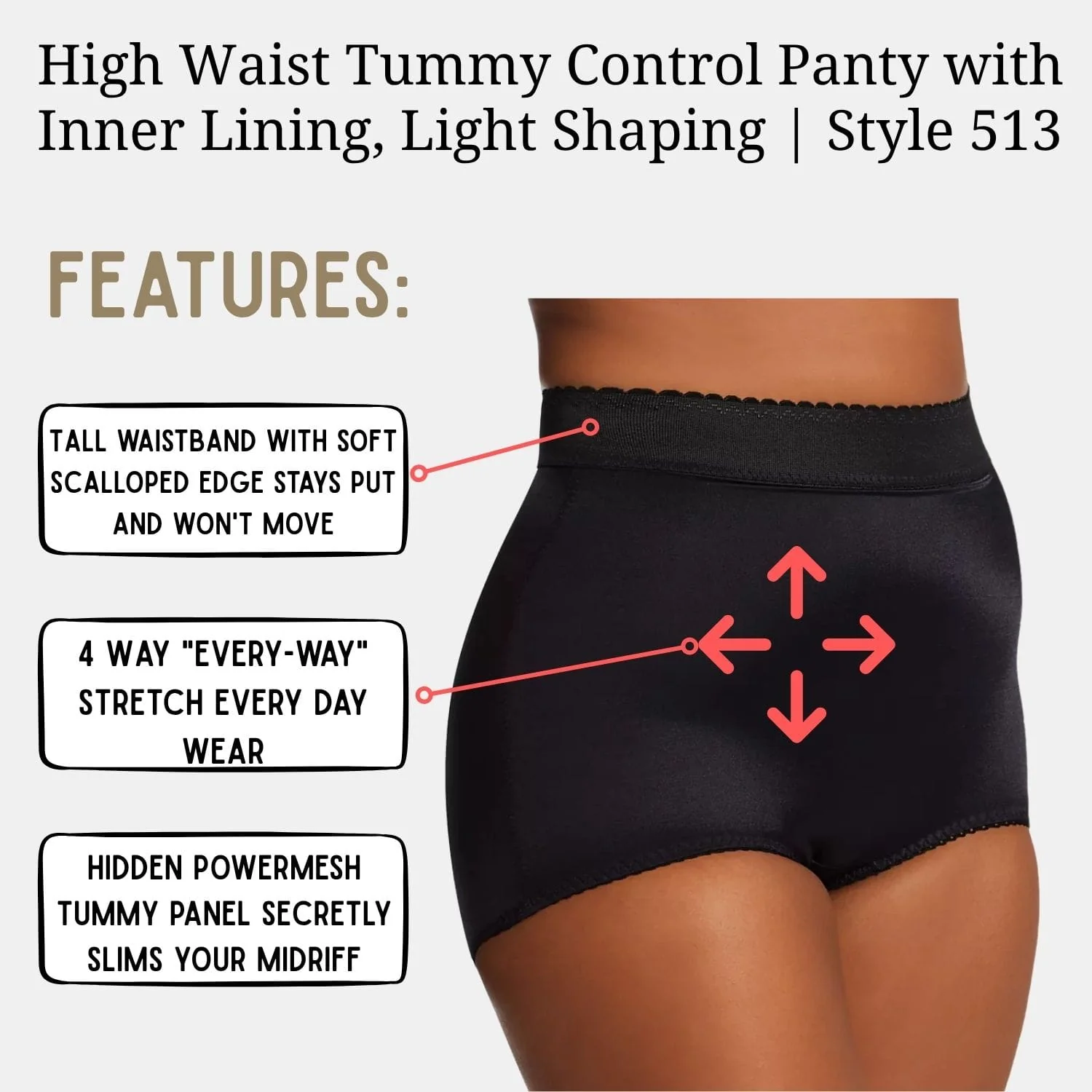 High Waist Tummy Control Panty with Inner Lining, Light Shaping | Style 513 - Image 7