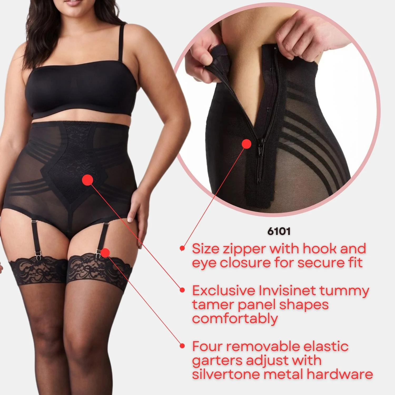 Style 6101 | High Waist Firm Shaping Panty with Zipper with Hook and Eye | Removable garters - Image 3