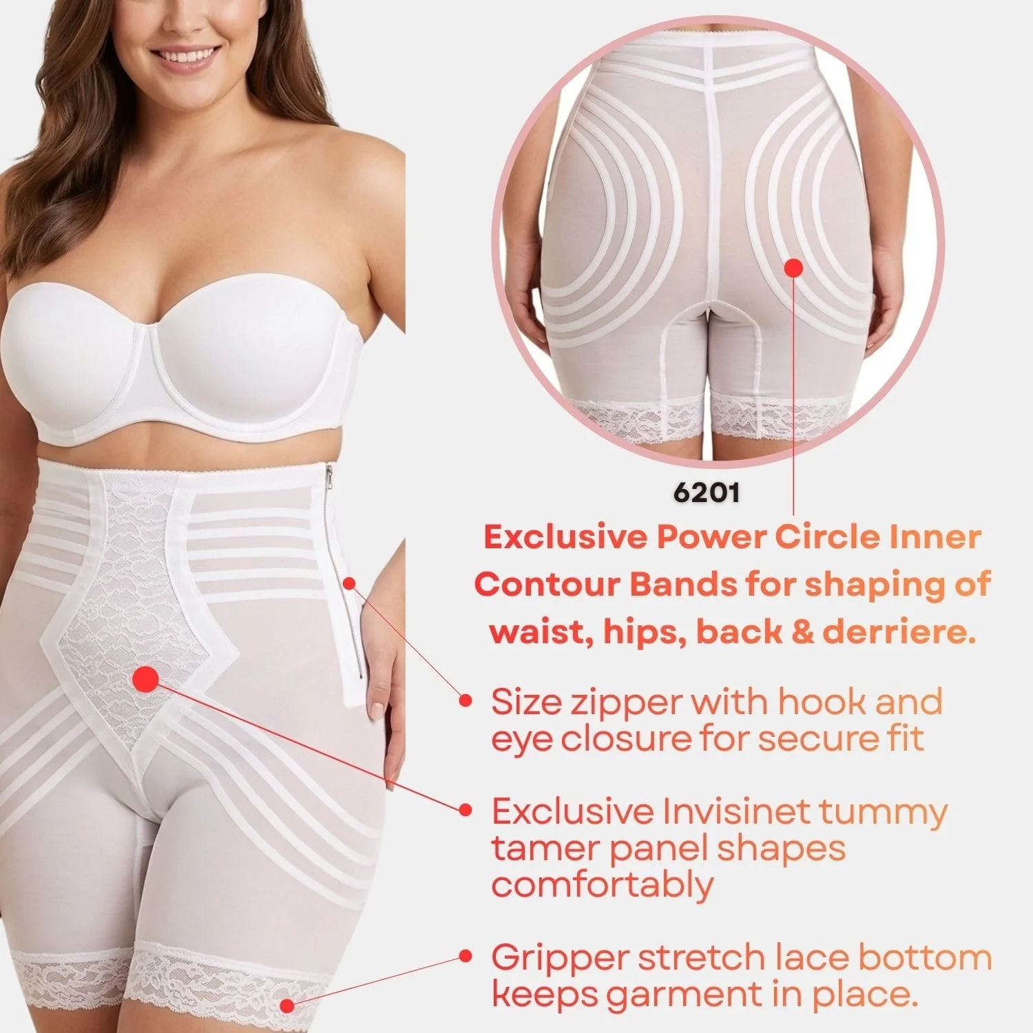 Style 6201 | Breathable High Waist Thigh Slimmer with Side Zipper | No Roll Power Mesh Hourglass Shaper | Firm to Extra Firm Support - Image 5