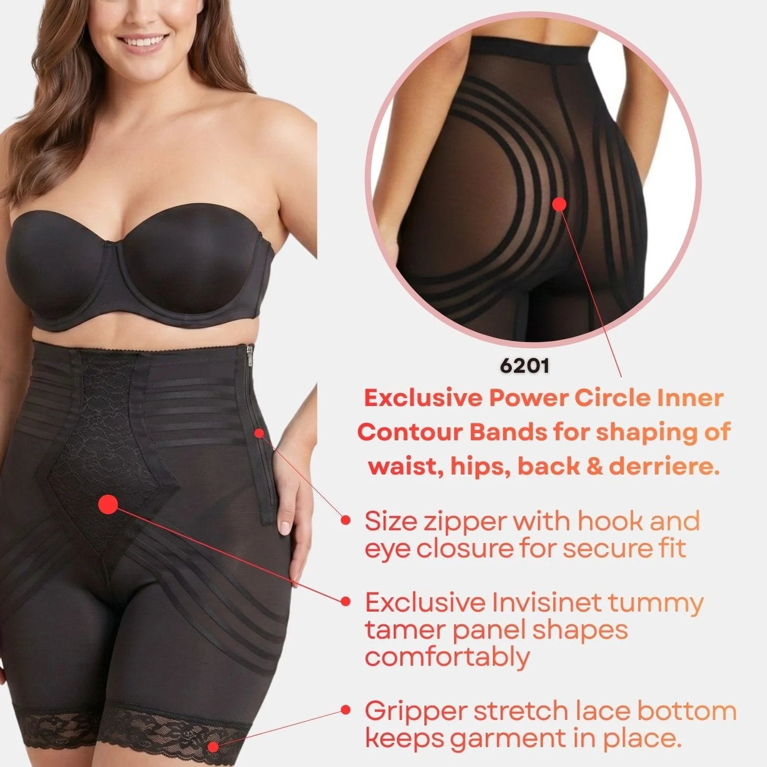 Style 6201 | Breathable High Waist Thigh Slimmer with Side Zipper | No Roll Power Mesh Hourglass Shaper | Firm to Extra Firm Support - Image 9