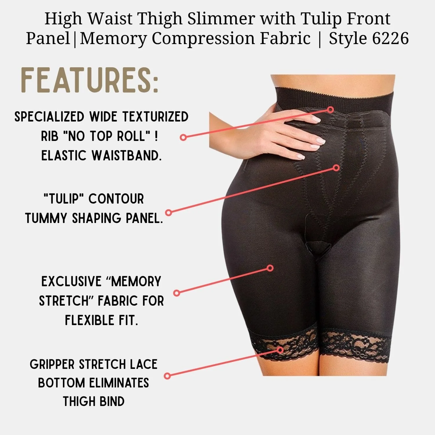 Style 6226 | High Waist Thigh Slimmer with Tulip Front Panel | Memory Compression Fabric | Medium Support - Image 4