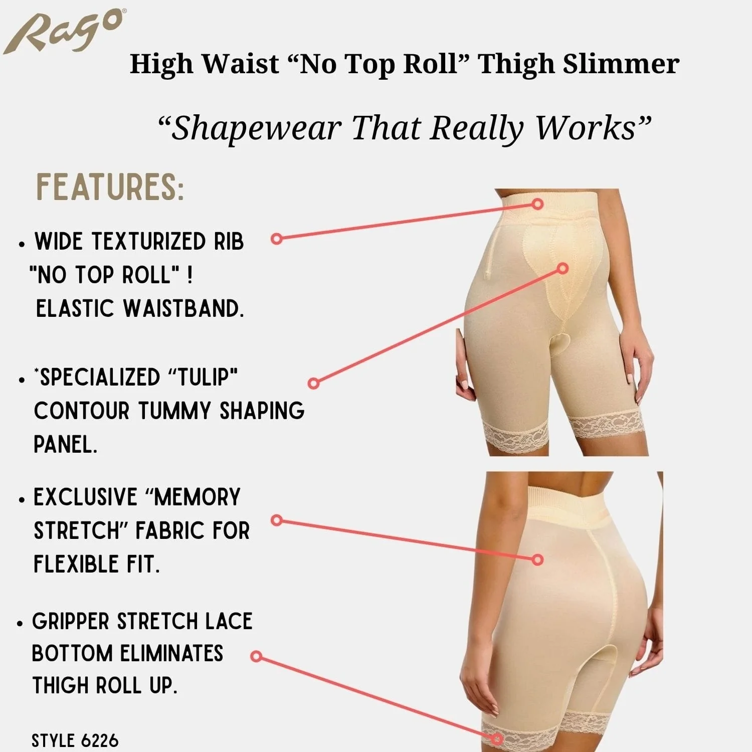 Style 6226 | High Waist Thigh Slimmer with Tulip Front Panel | Memory Compression Fabric | Medium Support - Image 9