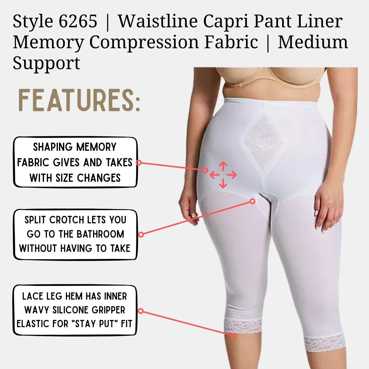 Style 6265 | Waistline Capri Pant Liner with Tummy Control Panel| Memory Compression Fabric | Medium Support - Image 15