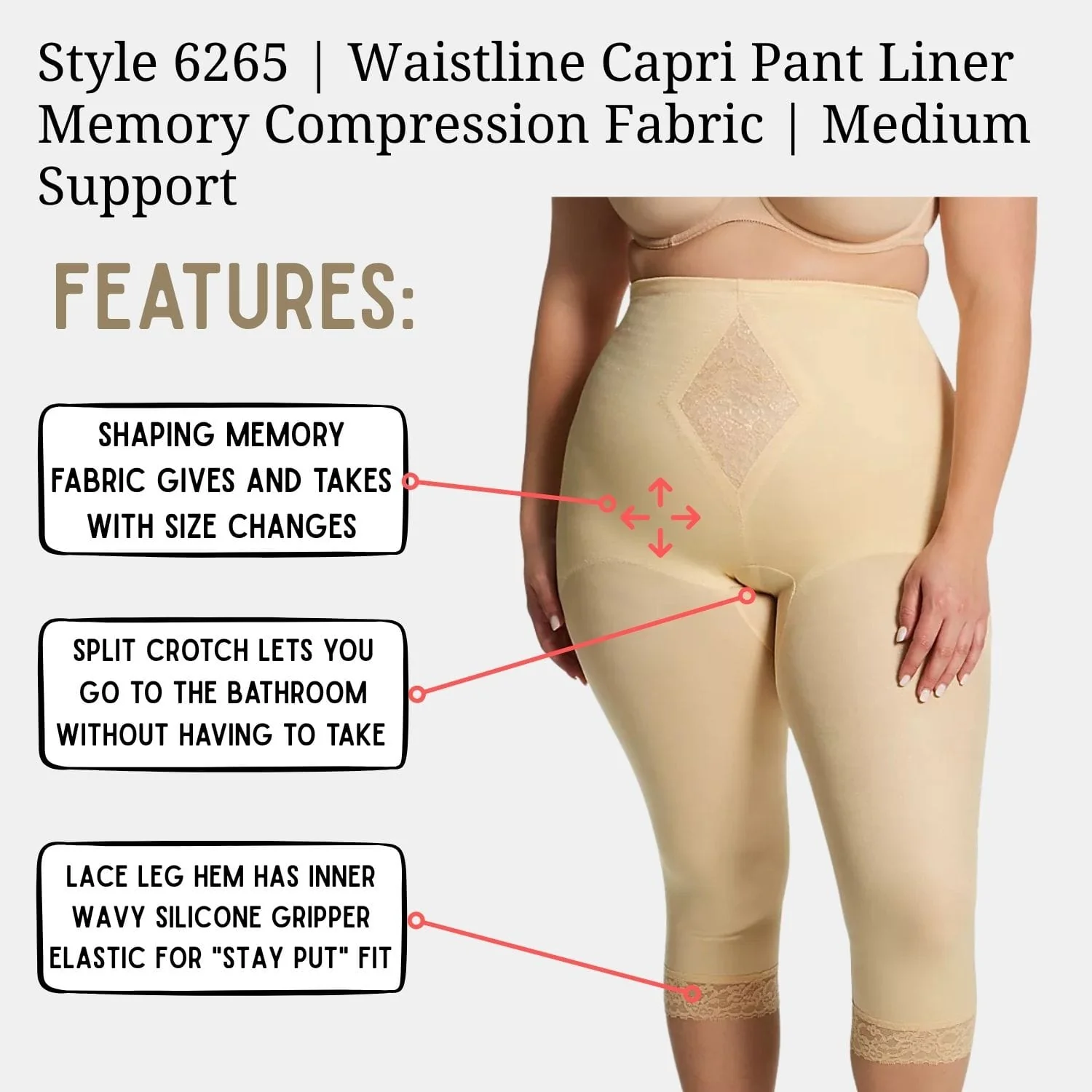 Style 6265 | Waistline Capri Pant Liner with Tummy Control Panel| Memory Compression Fabric | Medium Support - Image 21