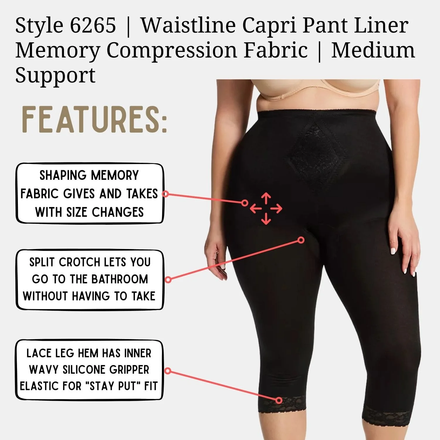 Style 6265 | Waistline Capri Pant Liner with Tummy Control Panel| Memory Compression Fabric | Medium Support - Image 6
