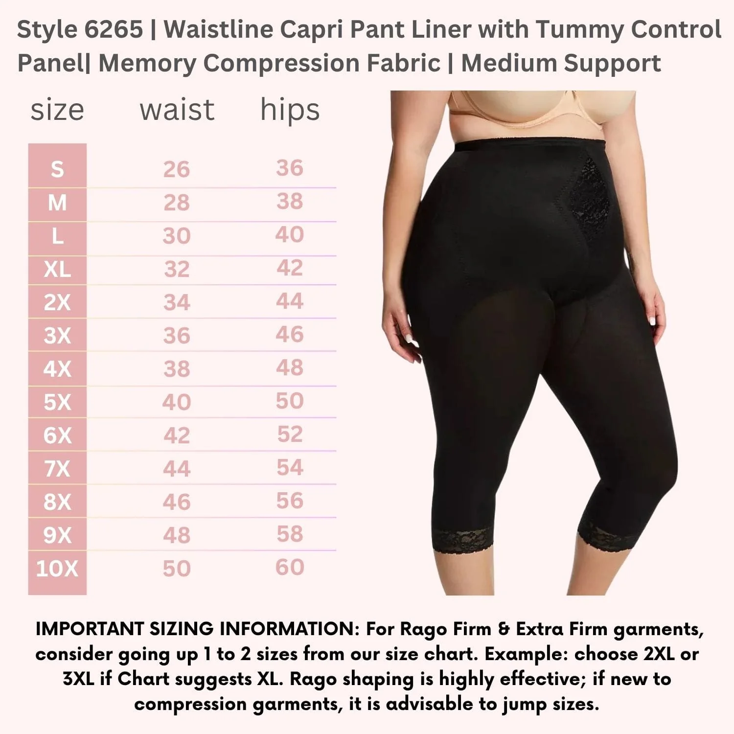 Style 6265 | Waistline Capri Pant Liner with Tummy Control Panel| Memory Compression Fabric | Medium Support - Image 7