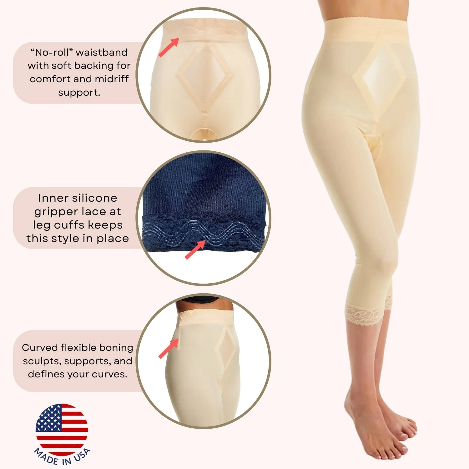 Style 6266 | High Waist Capri Pant Liner with Tummy Control Satin Panel| Memory Compression Fabric | Medium Support - Image 12