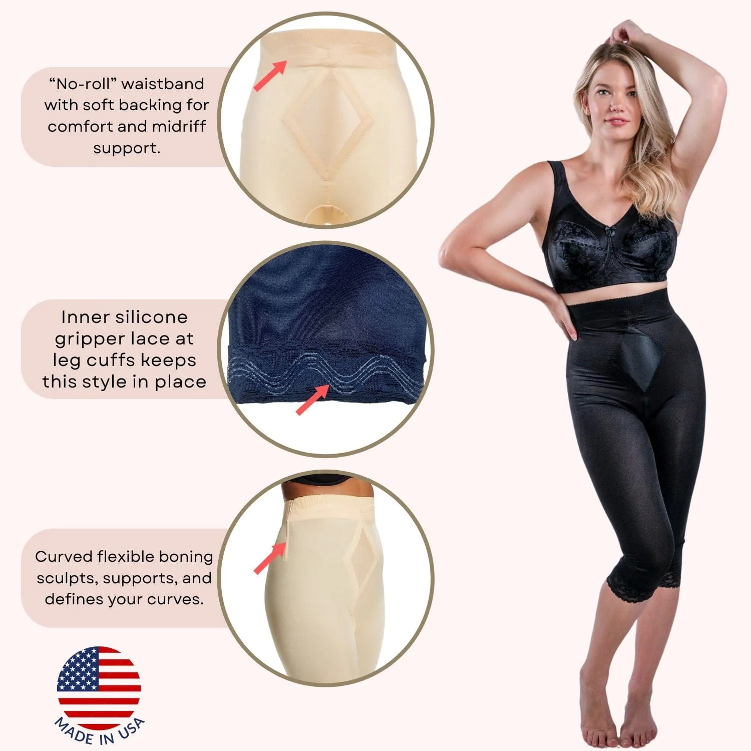 Style 6266 | High Waist Capri Pant Liner with Tummy Control Satin Panel| Memory Compression Fabric | Medium Support - Image 6