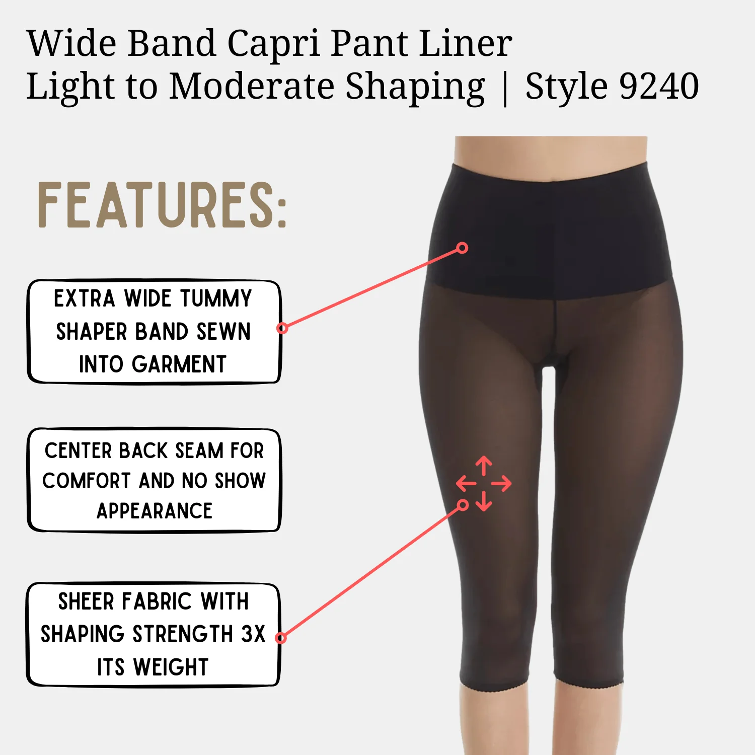 Style 9240 | Shaping Wide Band Capri Pant Liner | Light to Moderate Shaping - Image 3